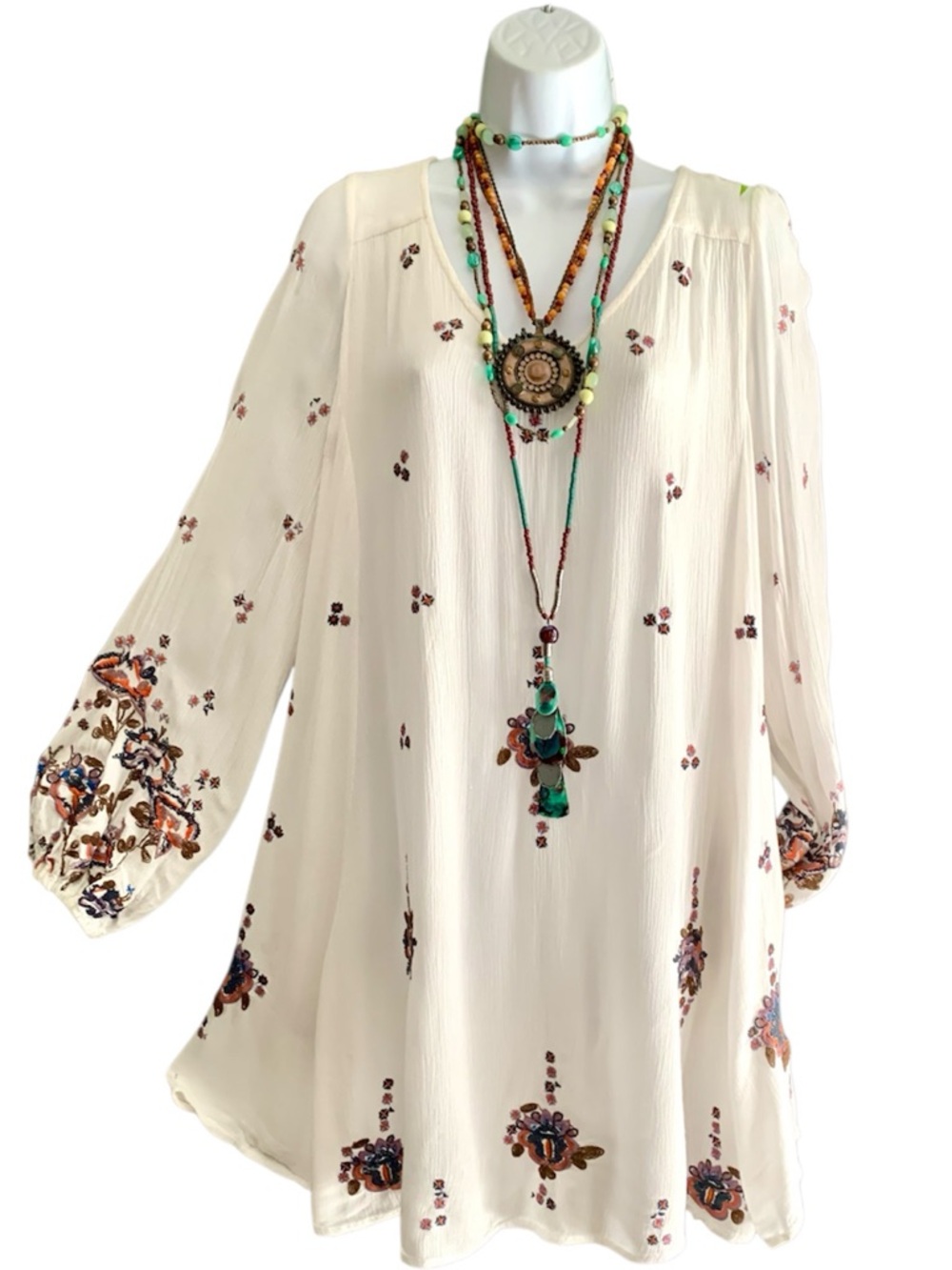 FREE PEOPLE Oxford Embroiderered Mini Swing Boho Dress Long Sleeves CutOut Back